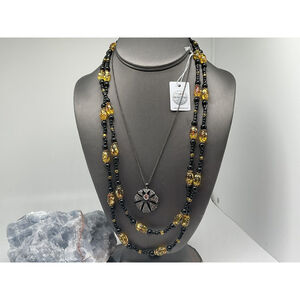 24k Gold Flake In Glass MURANO Style 24” Length W/Swaroski Black Necklace